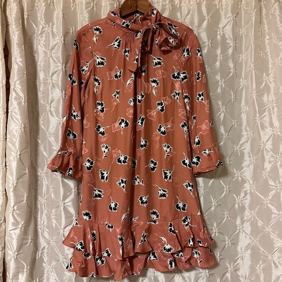 Rebecca Taylor Ikat Paintbrush Silk Ruffle Dress Pink Black Floral Cutout - Picture 3 of 16